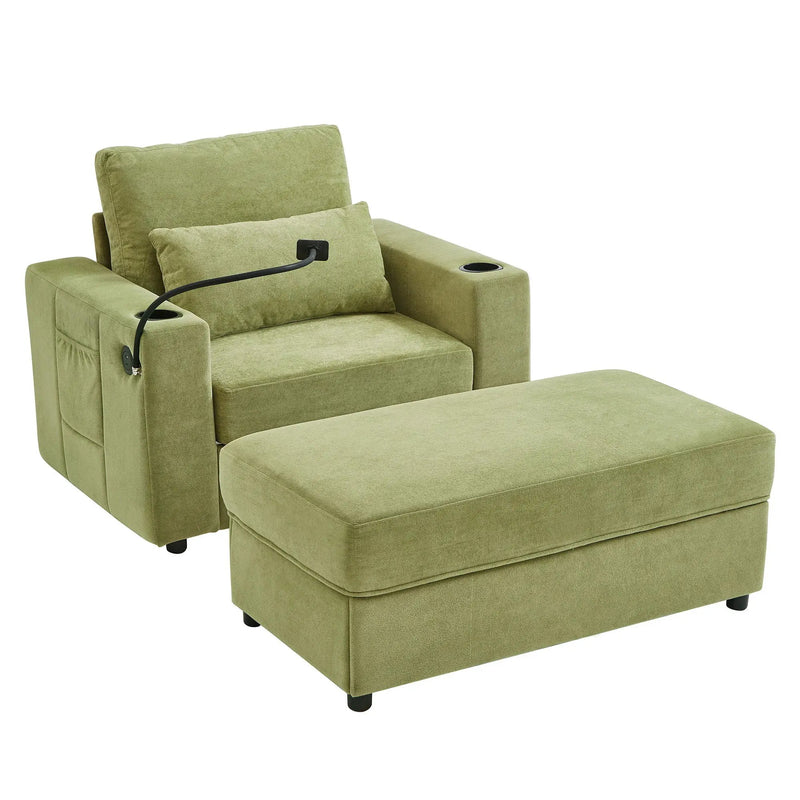 Modern Style Armchair Chaise Lounge Sofa Couch With Movable Storage Ottoman, USB Ports, Cup Holders, Phone Holder, Side Pockets by HouseOfZazla