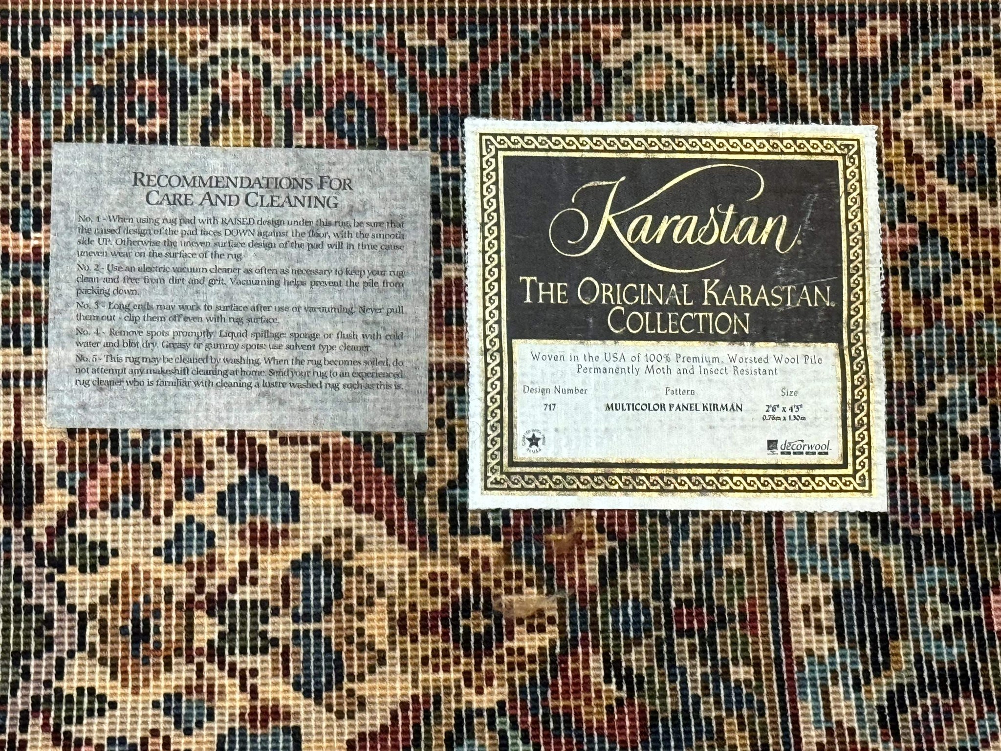 Karastan Rug 2.6 x 4 Multicolor Panel Kirman #717, Original 700 Series, Wool Pile Discontinued by Jewel Rugs