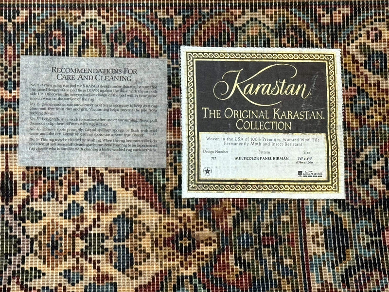 Karastan Rug 2.6 x 4 Multicolor Panel Kirman #717, Original 700 Series, Wool Pile Discontinued by Jewel Rugs