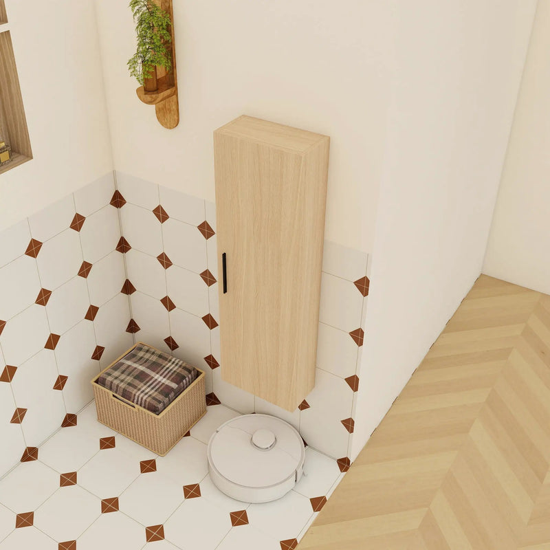 Tall Floating Bathroom Side Cabinet, Wall Mounted Single Door Storage - Light Oak by HouseOfZazla