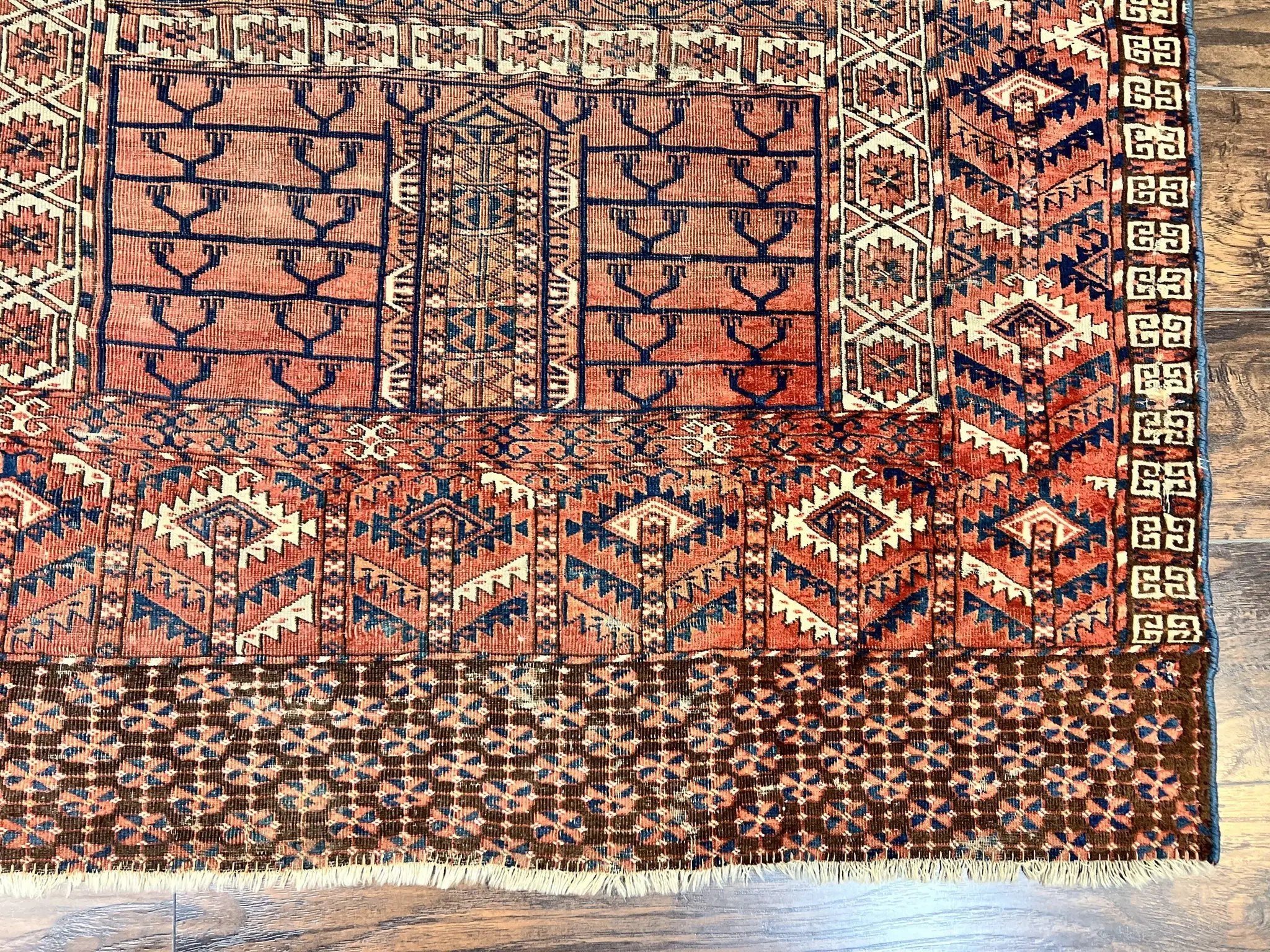 Antique Turkoman Rug 4x4, Hatchli Square Carpet, Wool Handmade Four Season Yamud Design Rug, Red Bohemian Tribal Rug, Engsi Tekkeh Rug by Jewel Rugs