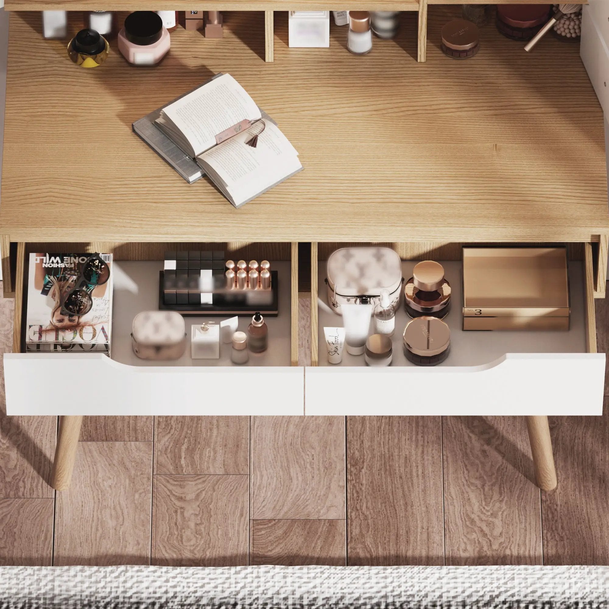 Elegant Makeup Vanity Desk With Adjustable Lighted Mirror Table Feet - American White Oak by Unique Piece Furniture