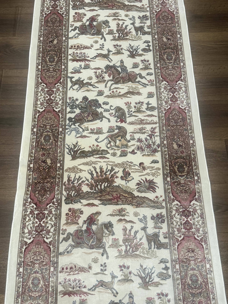 Turkish Silk Runner Rug 2.6 x 8, Hunting Design, Ivory, Bamboo Silk, New by Jewel Rugs