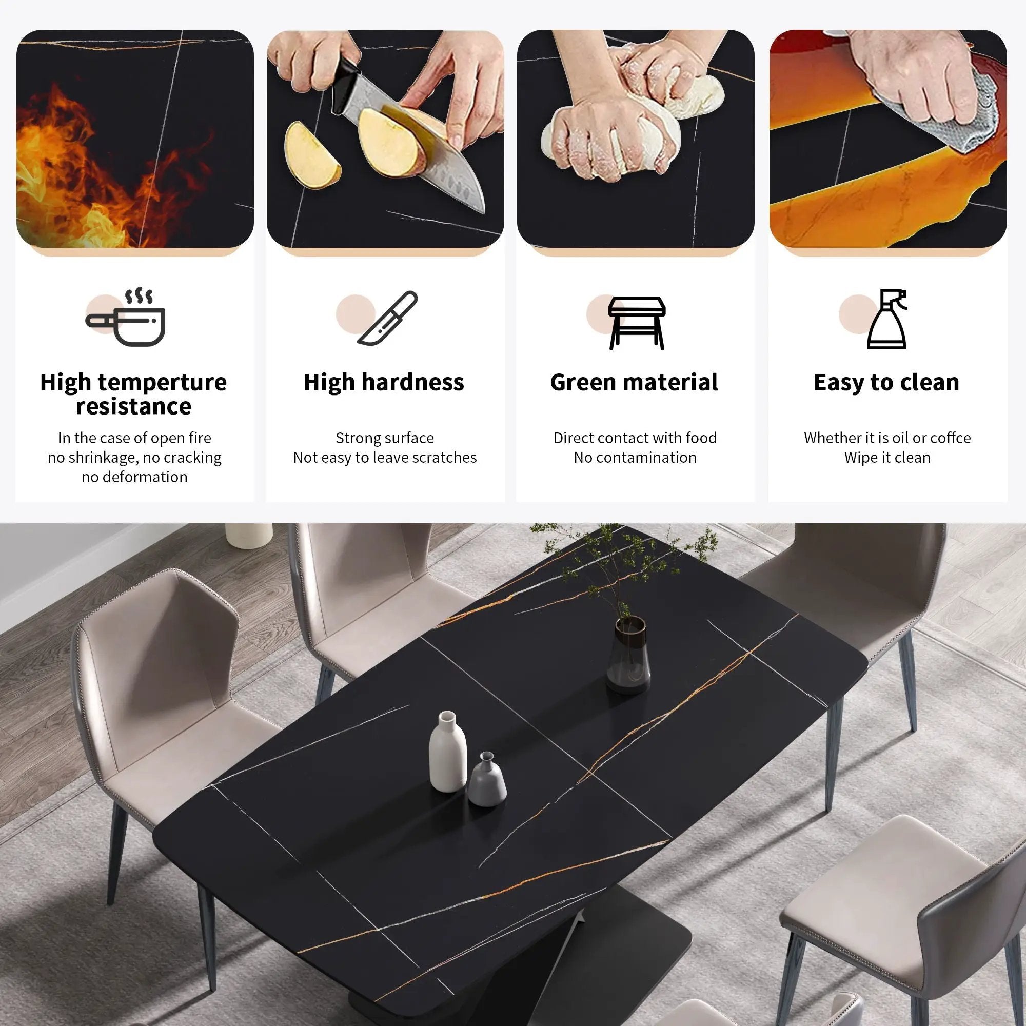 70.87" Modern Artificial Stone Black Curved Black Metal Leg Dining Table, Can Accommodate 6-8 People - Black by HouseOfZazla