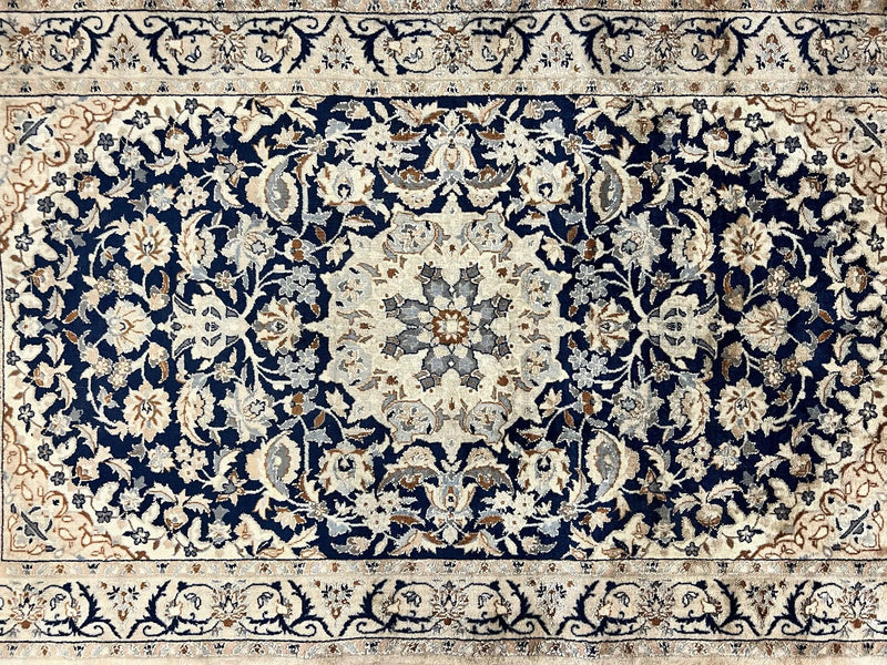 Persian Nain Rug 3x5, Floral Medallion Oriental Carpet, Very Fine Hand Knotted Handmade Wool and Silk Highlights Rug, Vintage Semi Antique by Jewel Rugs