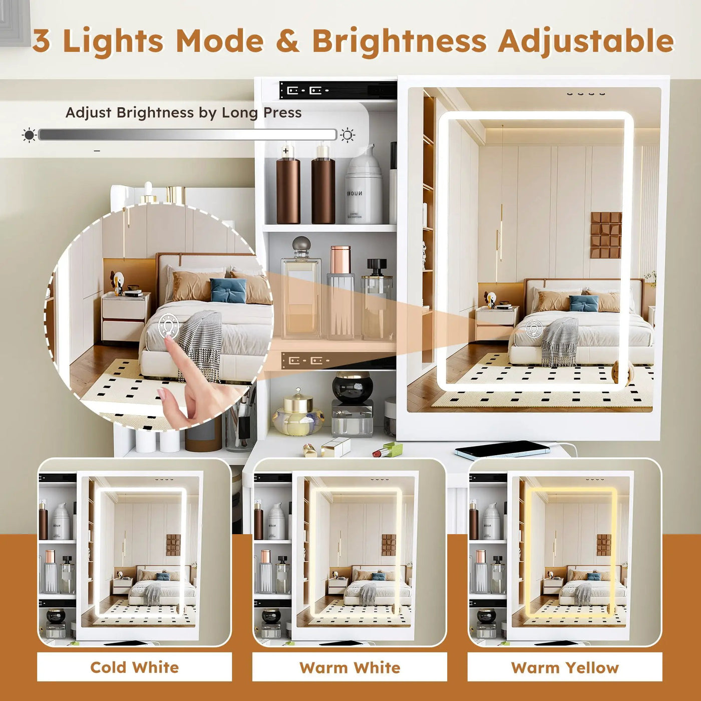 Modern Vanity Desk With 3 LED Lighting Modes, 4 Drawers by Unique Piece Furniture
