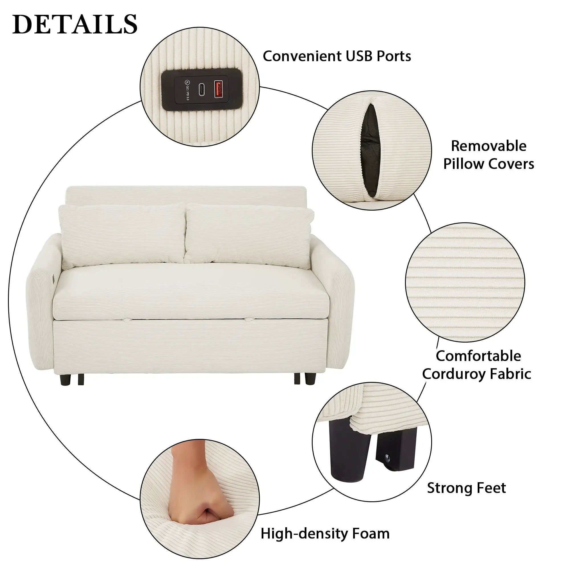 Pull-Out 2 Seat Modern Sleeper Sofa With 2 Throw Pillows And USB Ports by HouseOfZazla