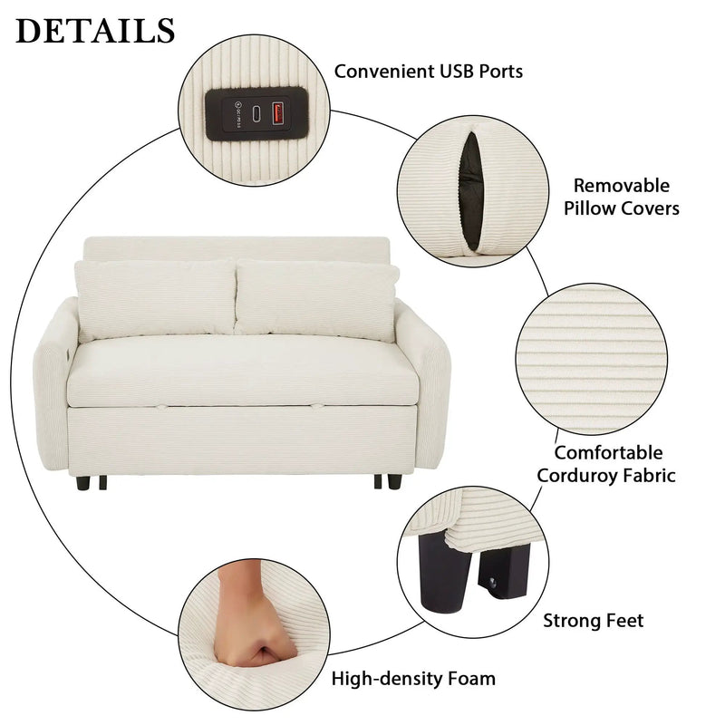 Pull-Out 2 Seat Modern Sleeper Sofa With 2 Throw Pillows And USB Ports by HouseOfZazla