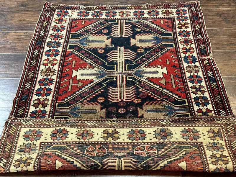 Antique Shirvan Caucasian Rug 3x5, Geometric Pattern, Red Navy Blue Beige by Jewel Rugs