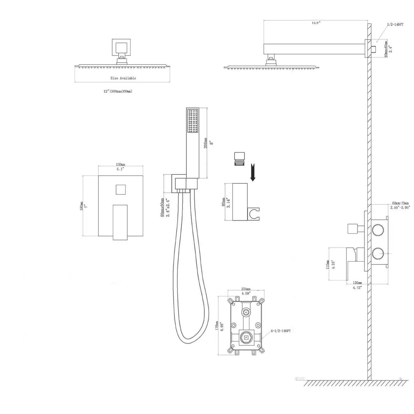 Dual Shower Head System With 12" Square Rain Shower And Rough In Valve by HouseOfZazla