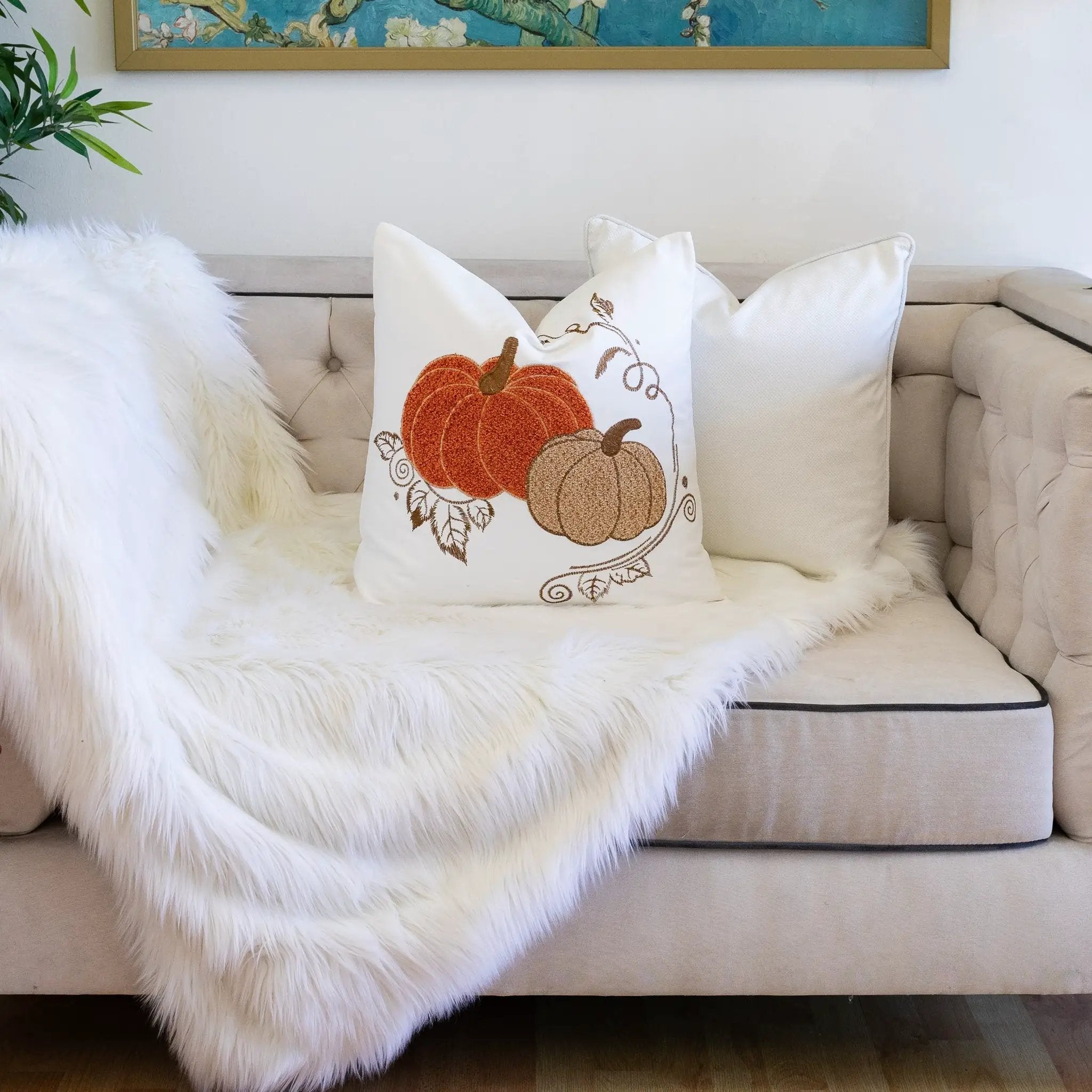 Pumpkin Embroidered Cotton Throw Pillow – Autumn Harvest Accent Cushion Set of 2 by HouseOfZazla