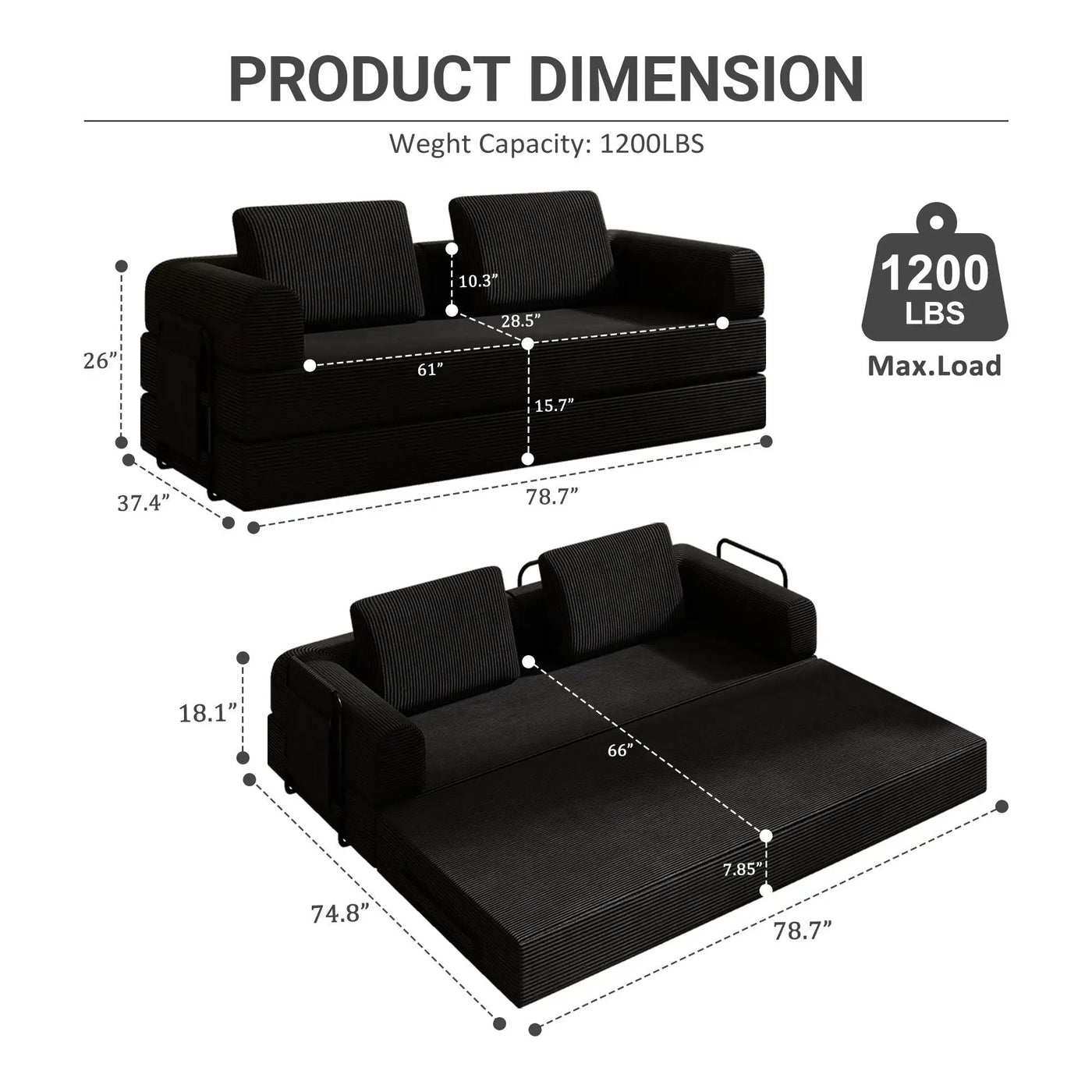 Convertible Sleeper Sofa Bed With Cylindrical Pillow, Fixed Shape Frame by Unique Piece Furniture