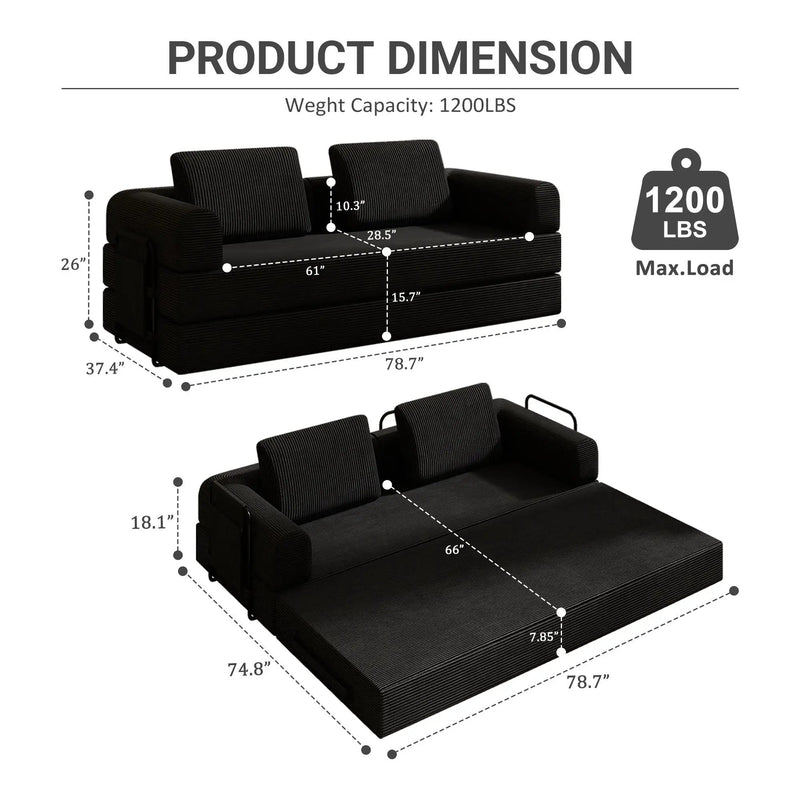 Convertible Sleeper Sofa Bed With Cylindrical Pillow, Fixed Shape Frame by Unique Piece Furniture