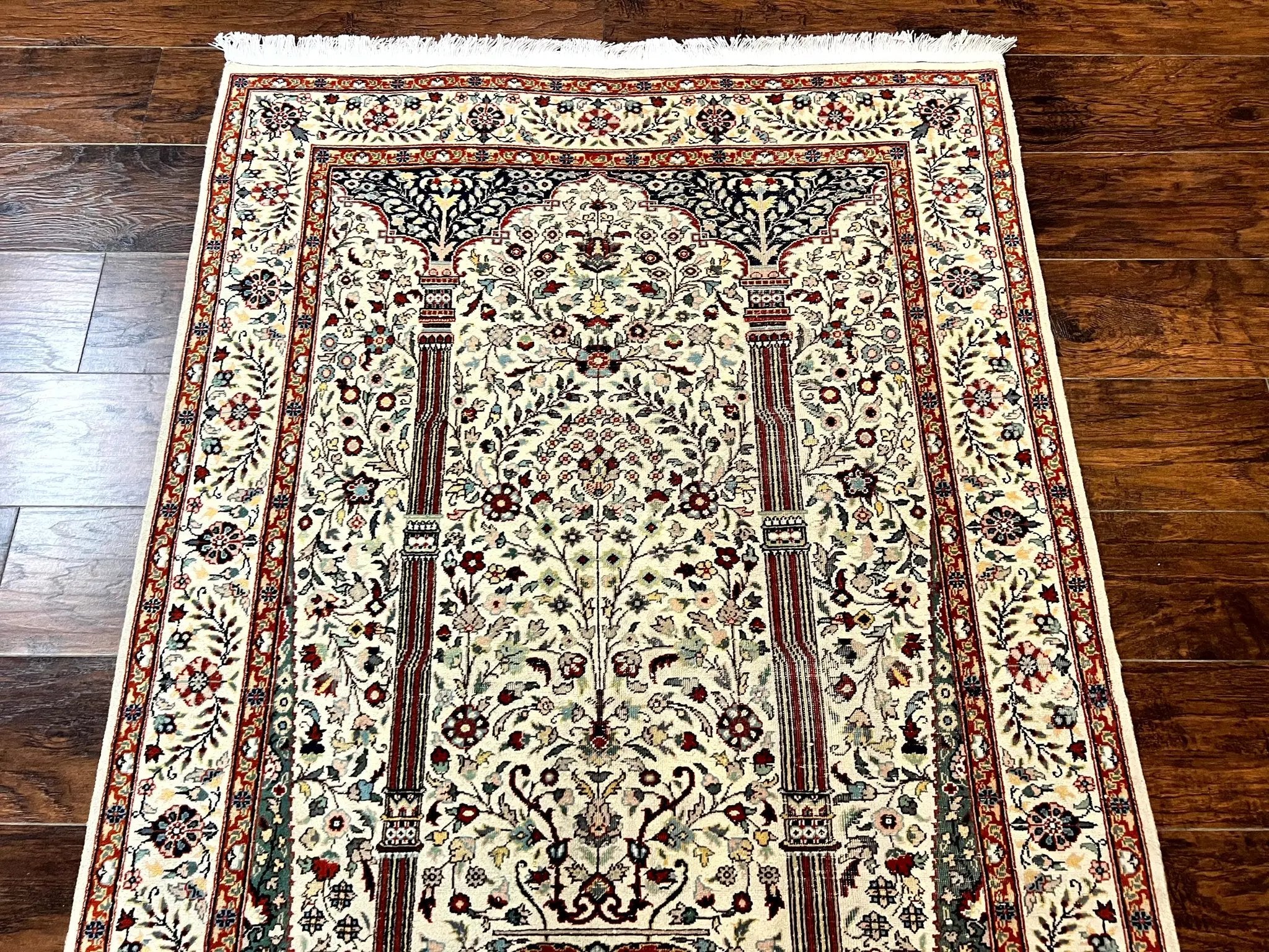 Pak Perisan Prayer Rug 4x6, Tree of LIfe Carpet, Handmade Vintage Wool Rug, Beige, Floral Vases by Jewel Rugs