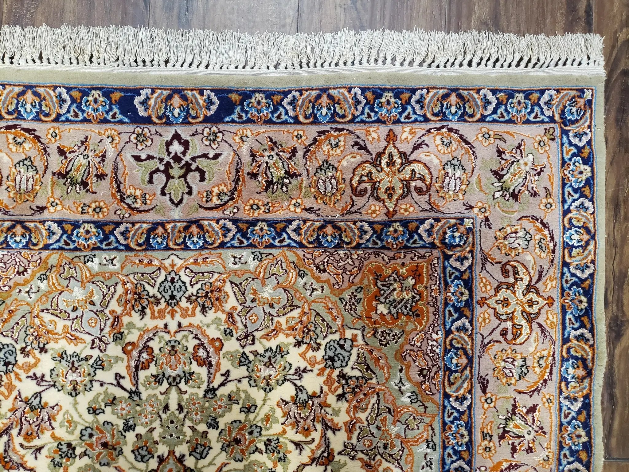 Vintage Persian Isfahan Lachak Toranj Rug, Highly Detailed, Kork Wool on Silk Foundation, Beige and Dark Blue, Hand-Knotted, 3'6" x 5' 4" by Jewel Rugs