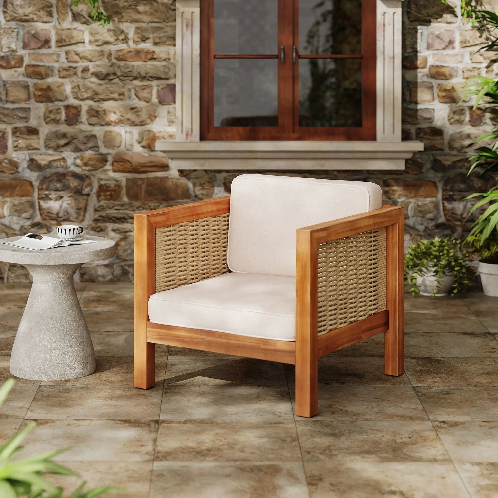 Outdoor Club Chair With Rope Arm And Cushions - Beige / Teak by HouseOfZazla