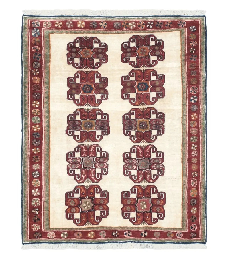 Vintage Persian Gabbeh Rug, Dark Red & Cream, Hand-Knotted, 5' x 6' 4" by Jewel Rugs