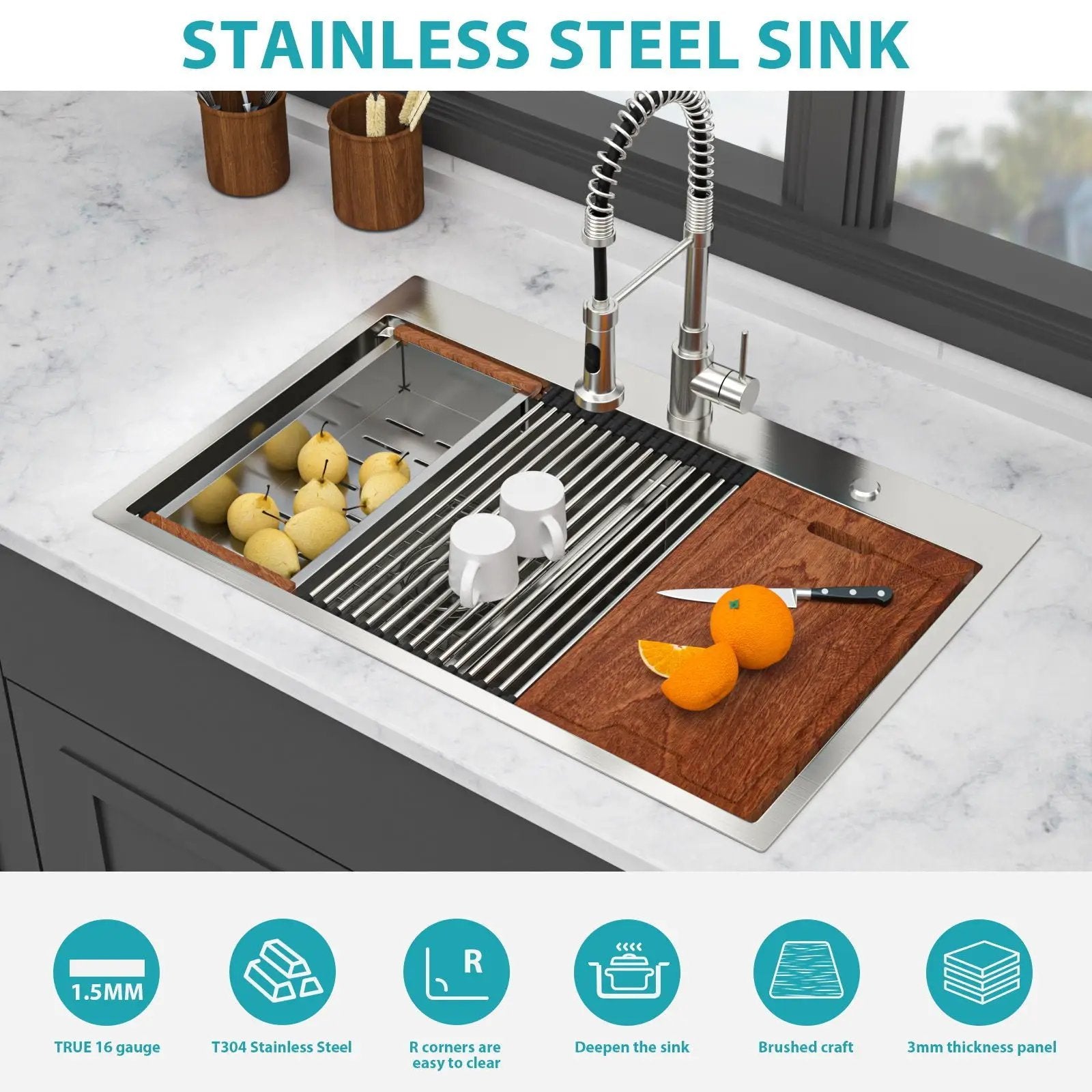 Topmount Drop In Kitchen Sink, Double Bowl Stainless Steel - Brushed Nickel by HouseOfZazla