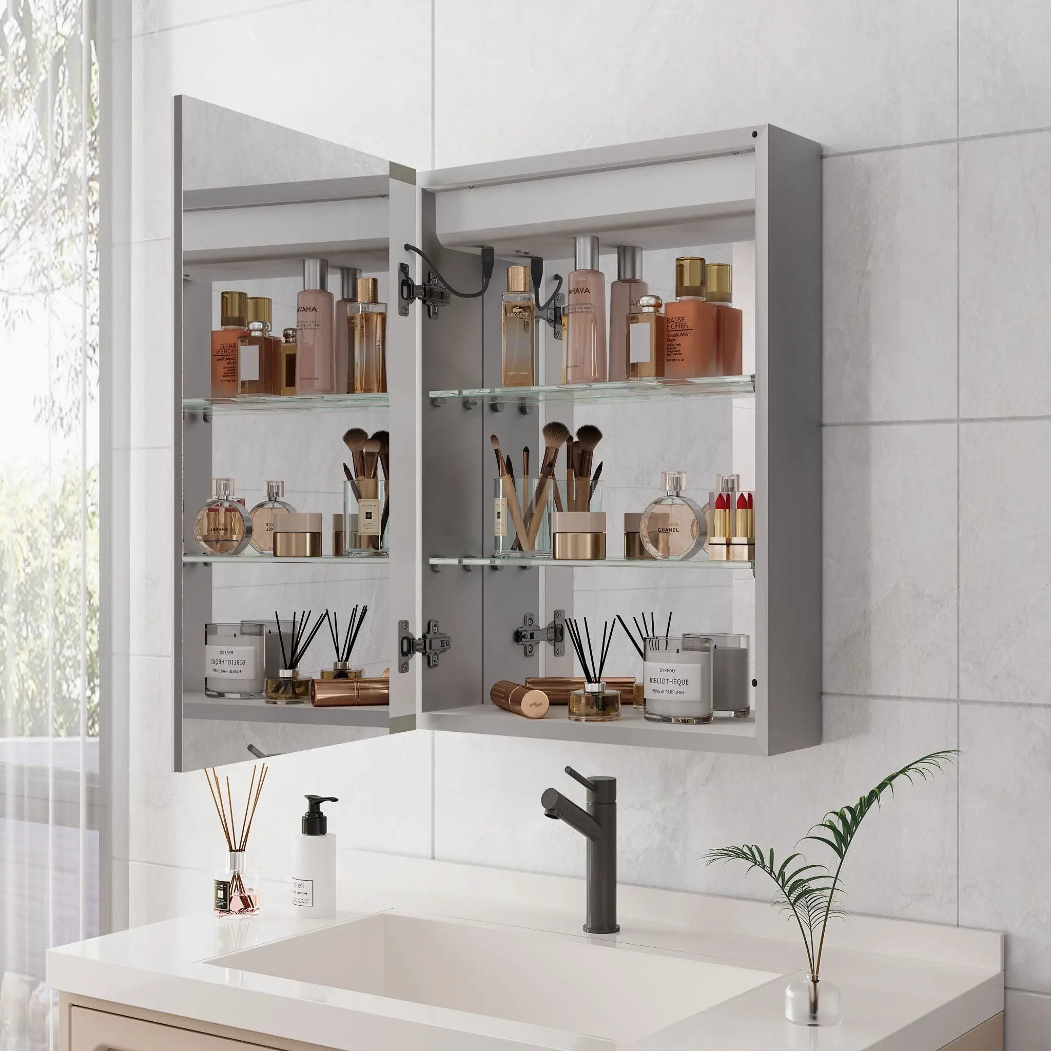 20 X 28" Bathroom Medicine Cabinet With Mirror Wall Mounted LED Bathroom Mirror Cabinet With Lights, Anti-Fog, Waterproof, Dimmable, 3000K~6000K, Single Door, Touch Swich, Storage Shelves - Silver by HouseOfZazla