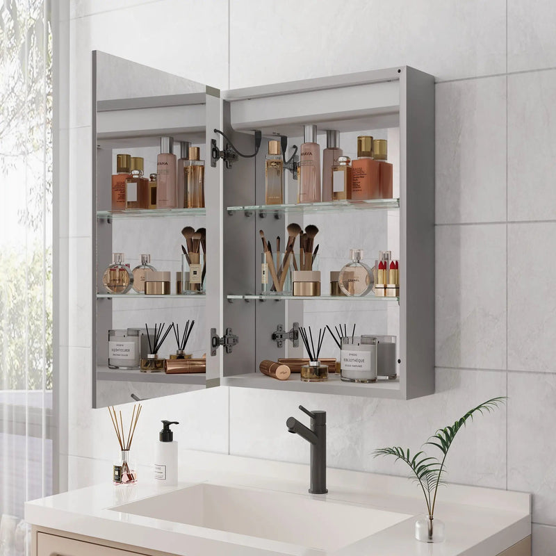 20 X 28" Bathroom Medicine Cabinet With Mirror Wall Mounted LED Bathroom Mirror Cabinet With Lights, Anti-Fog, Waterproof, Dimmable, 3000K~6000K, Single Door, Touch Swich, Storage Shelves - Silver by HouseOfZazla