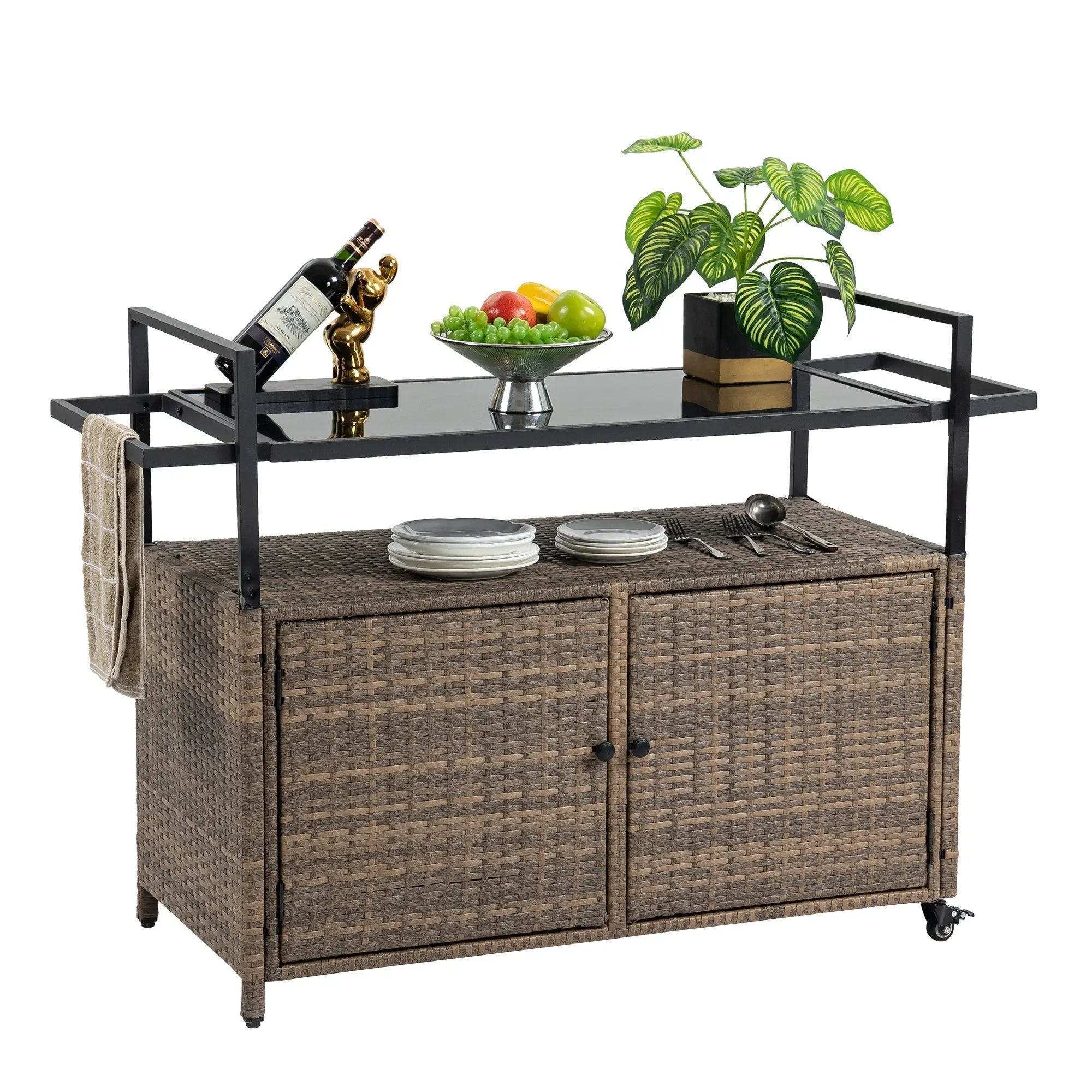 Outdoor Wicker Bar Cart with Glass Top and Wheels by HouseOfZazla