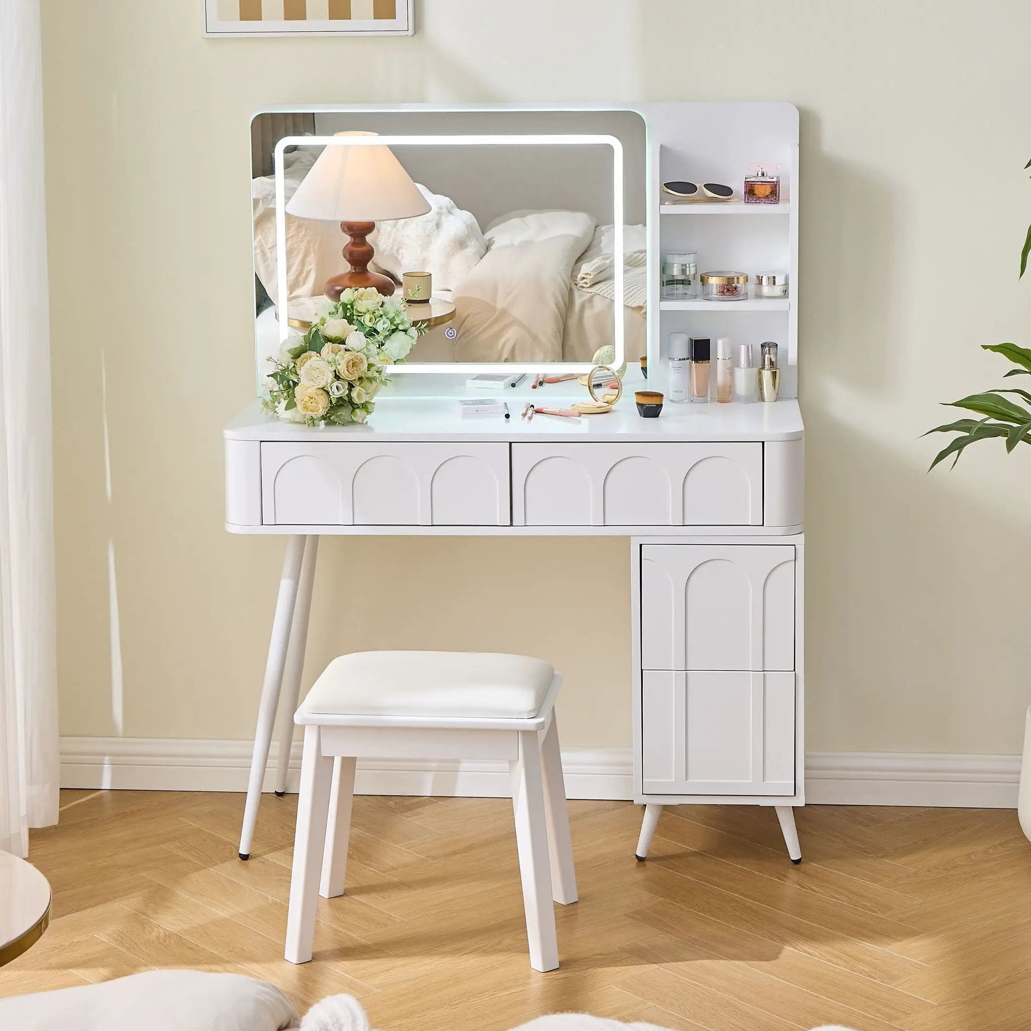 Modern Makeup Vanity Desk With LED Lights & Mirror 4 Drawer Dressing Table Set Space Saving For Bedroom - White by Unique Piece Furniture