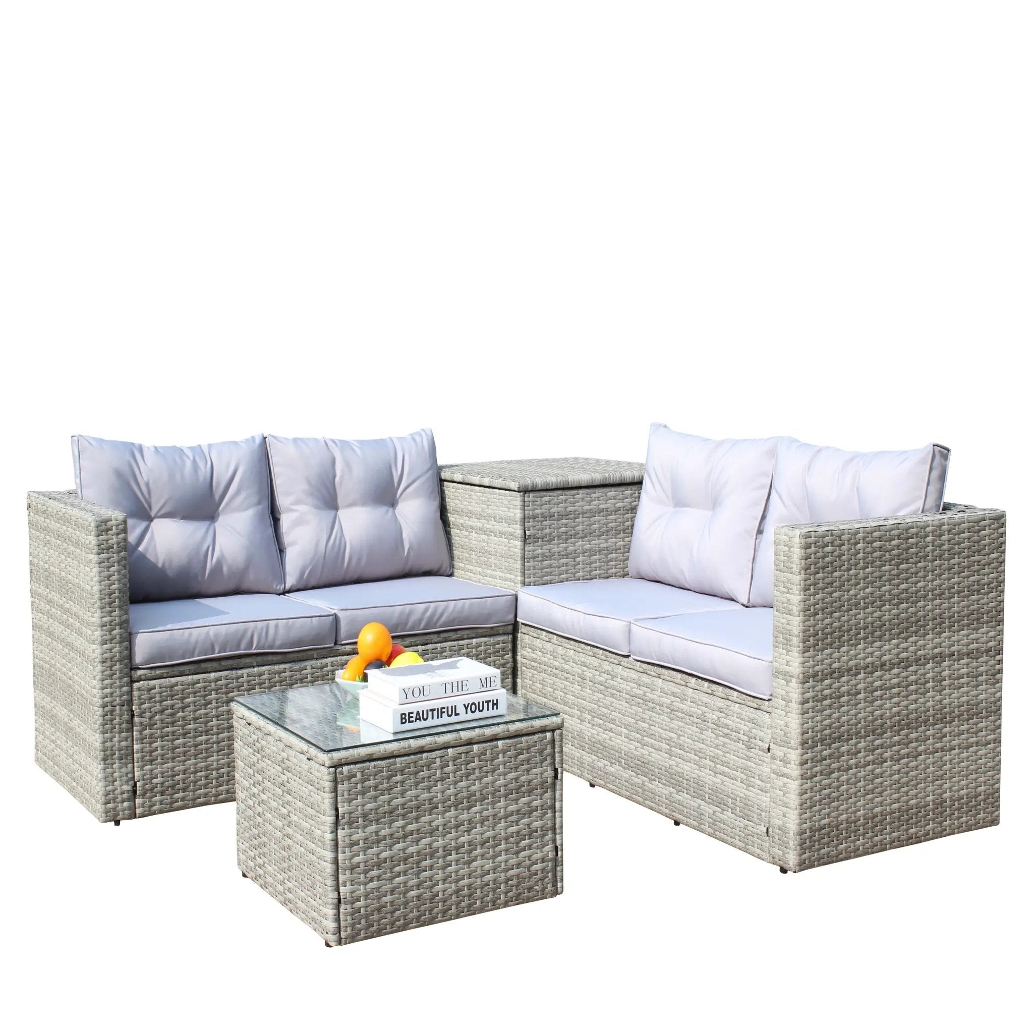 4 Piece Patio Sectional Wicker Rattan Outdoor Furniture Sofa Set with Storage Box Grey by HouseOfZazla
