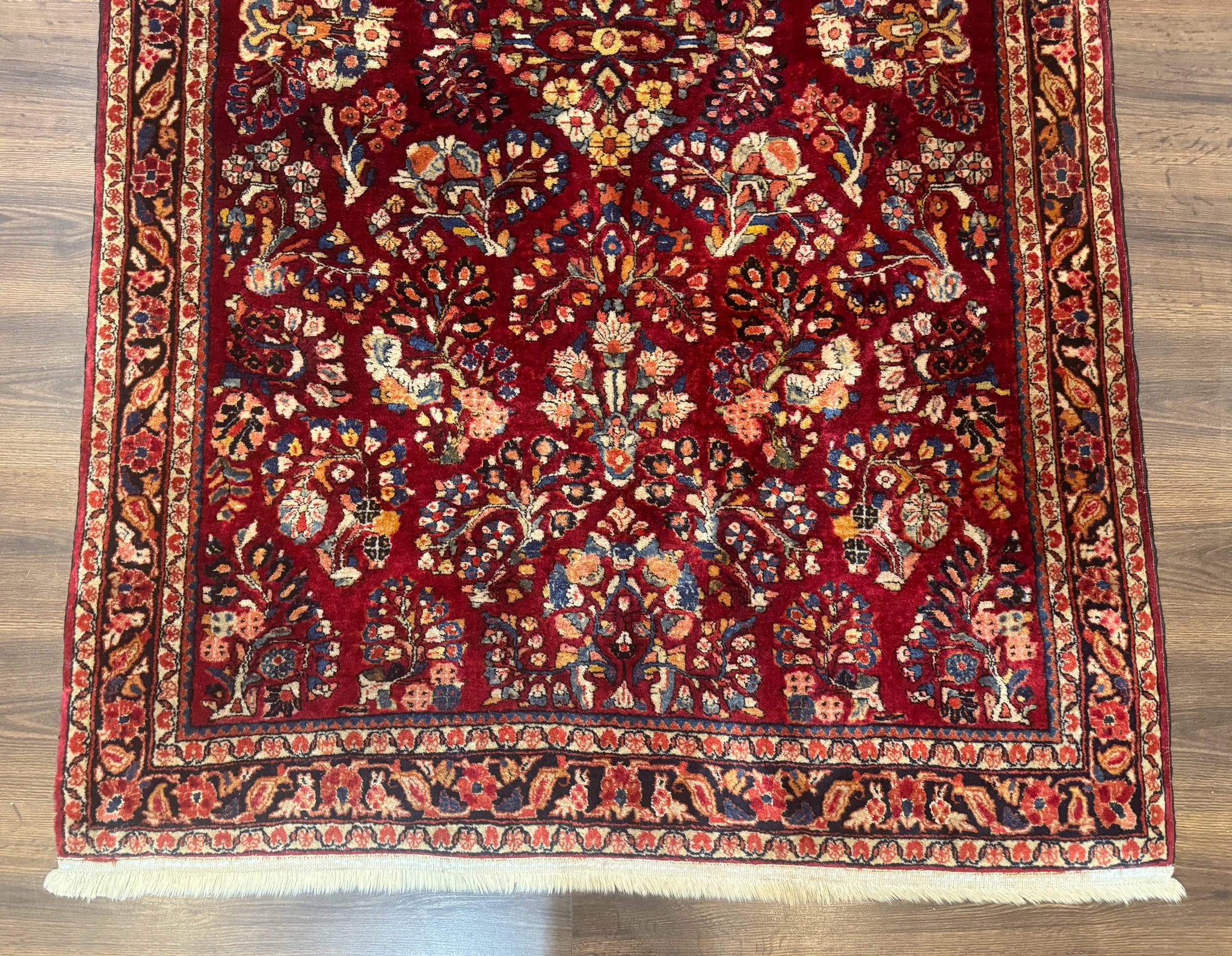 Antique Persian Sarouk Rug 4x6, Floral, Red, Wool Hand Knotted Fine 225 KPSI by Jewel Rugs