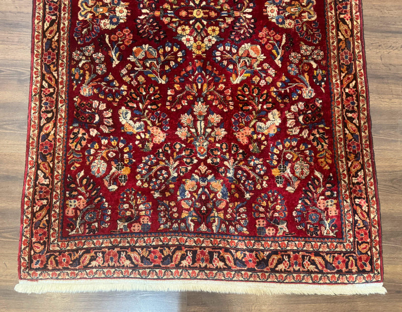 Antique Persian Sarouk Rug 4x6, Floral, Red, Wool Hand Knotted Fine 225 KPSI by Jewel Rugs