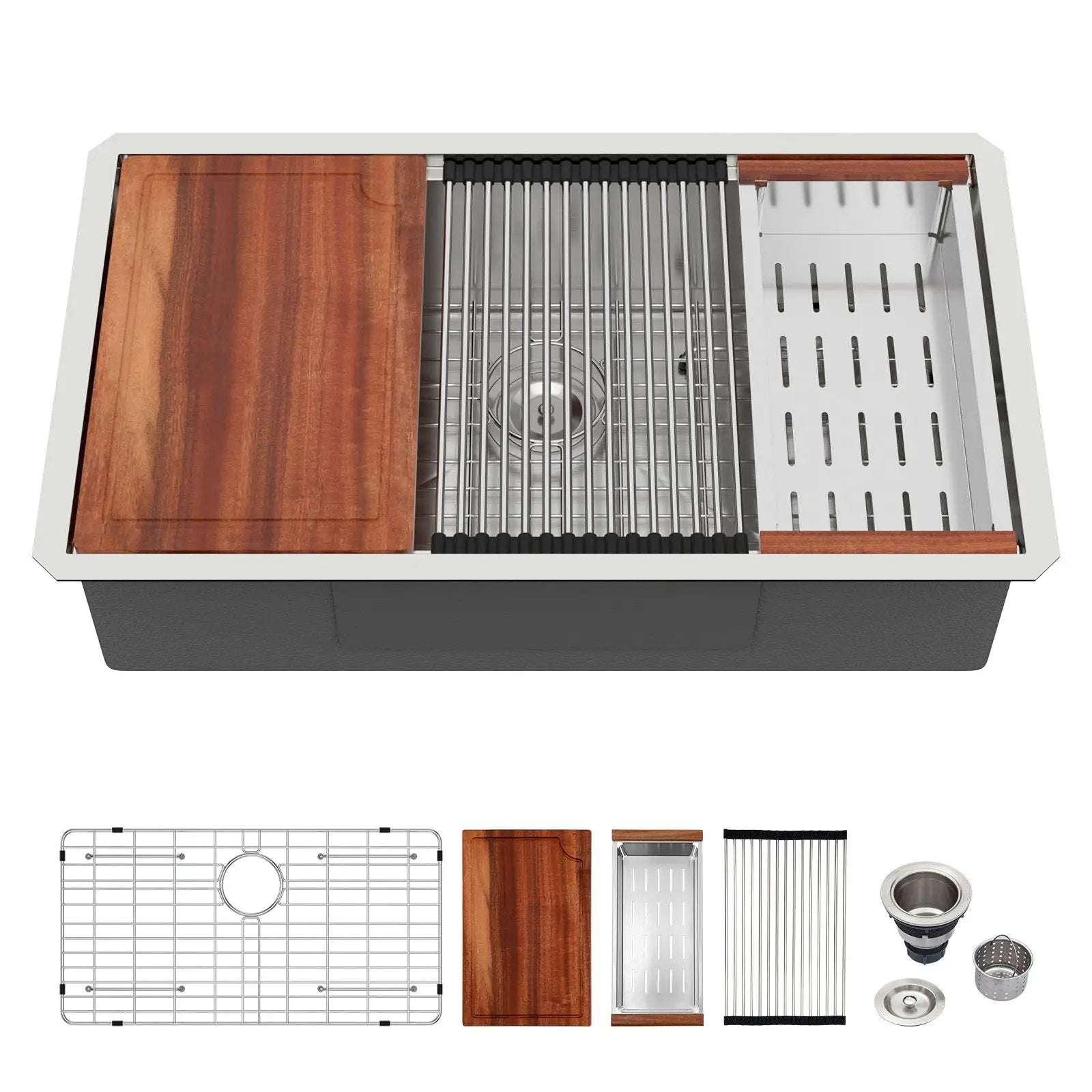 30" Undermount Kitchen Sink 16 Gauge Ledge Workstation - Brushed Nickel by HouseOfZazla