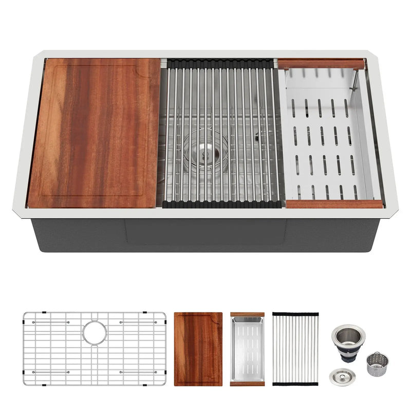 30" Undermount Kitchen Sink 16 Gauge Ledge Workstation - Brushed Nickel by HouseOfZazla