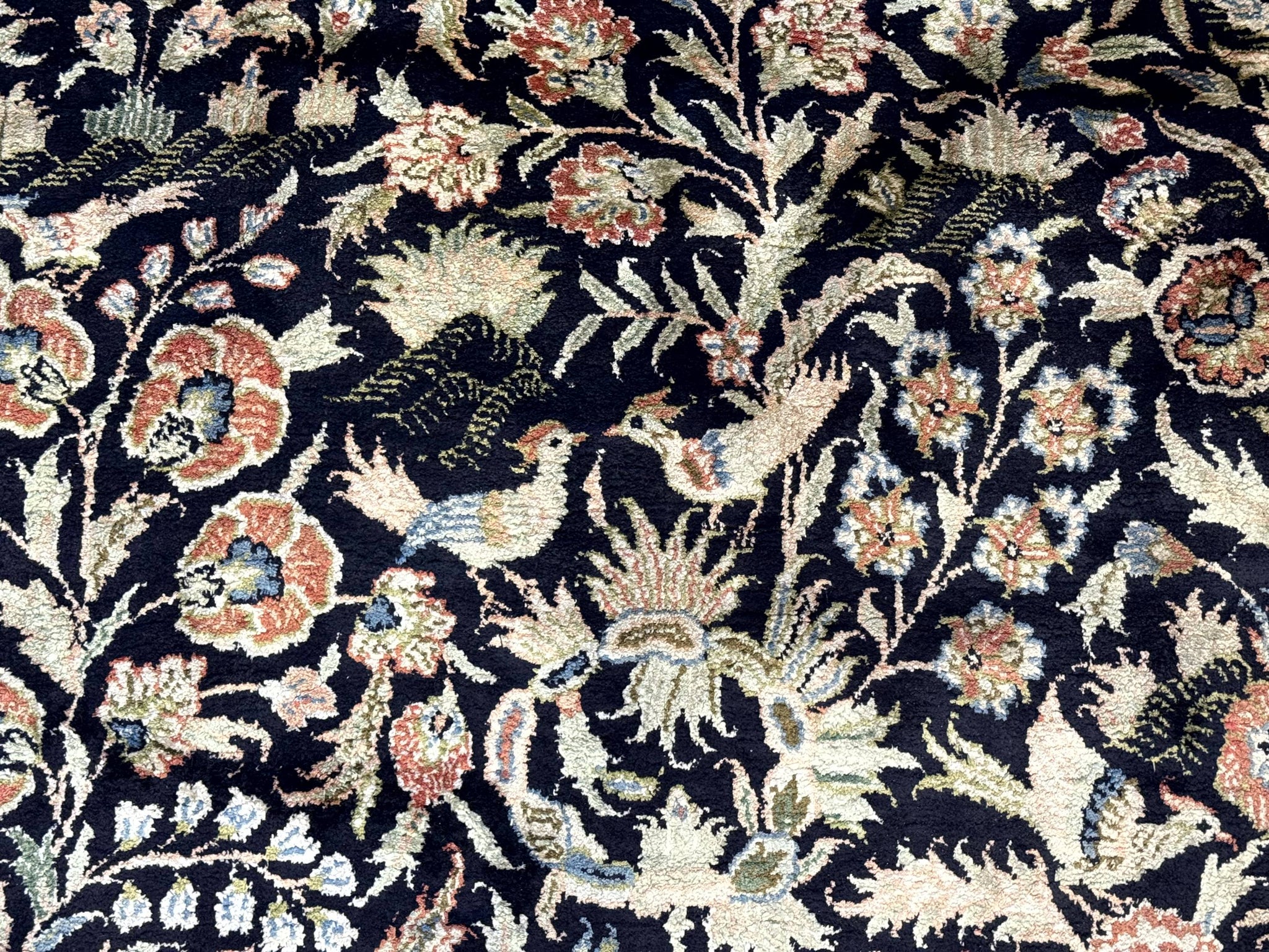 Silk Rug 4x6, Black and Cream, Floral & Bird Pictorials, Fine 330 KPSI, Sino Persian Rug by Jewel Rugs