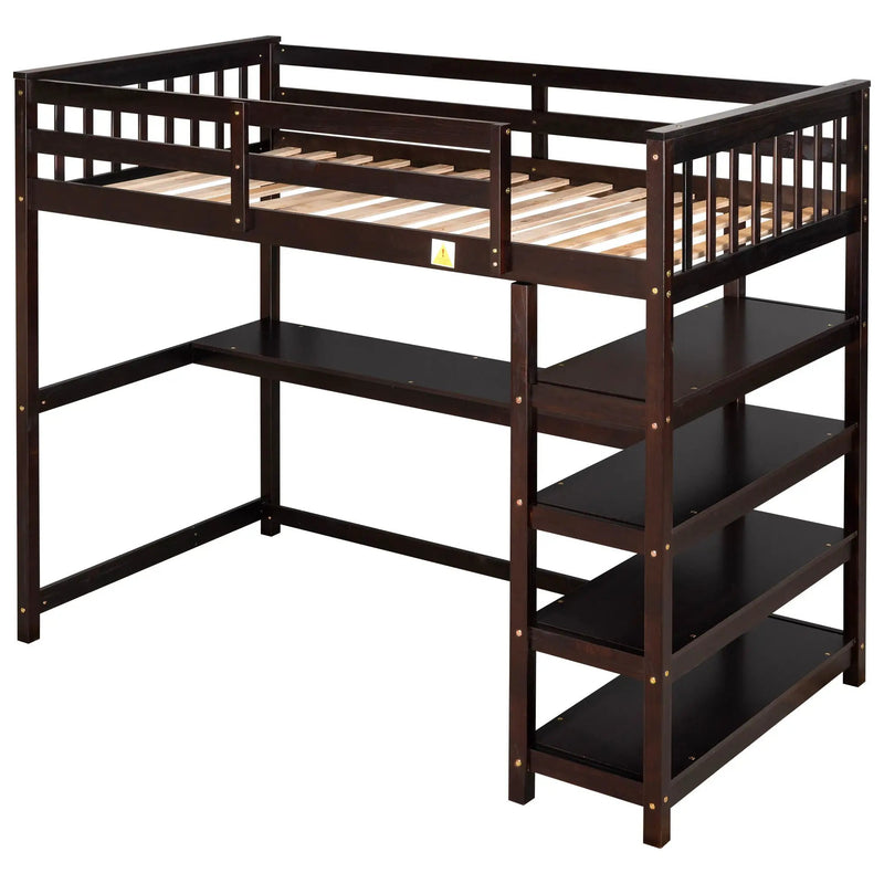 Loft Bed With Storage Shelves And Under Bed Desk