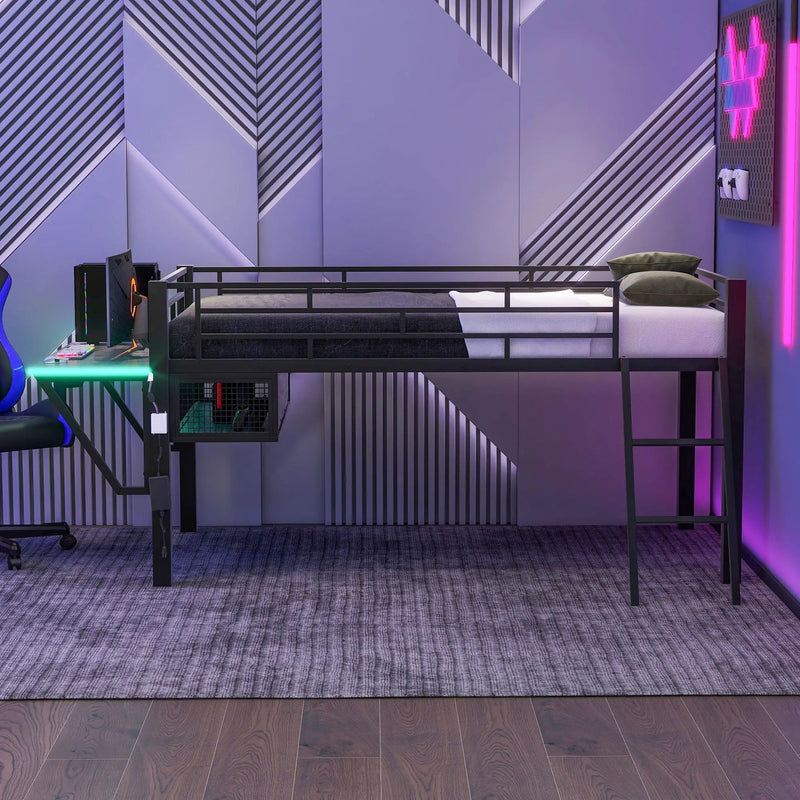 Modern Gaming Mid Loft Bed With Desk And LED Lights by Unique Piece Furniture