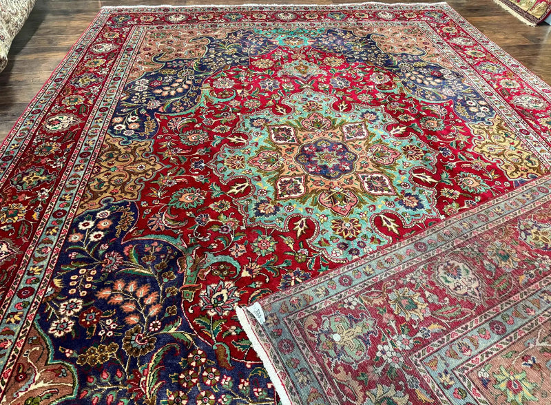 Wonderful Persian Tabriz Rug 10x14, Antique Persian Carpet, Handmade Wool Rug, Floral Medallion, Red Navy Blue, Colorful, Large Persian Area Rug by Jewel Rugs