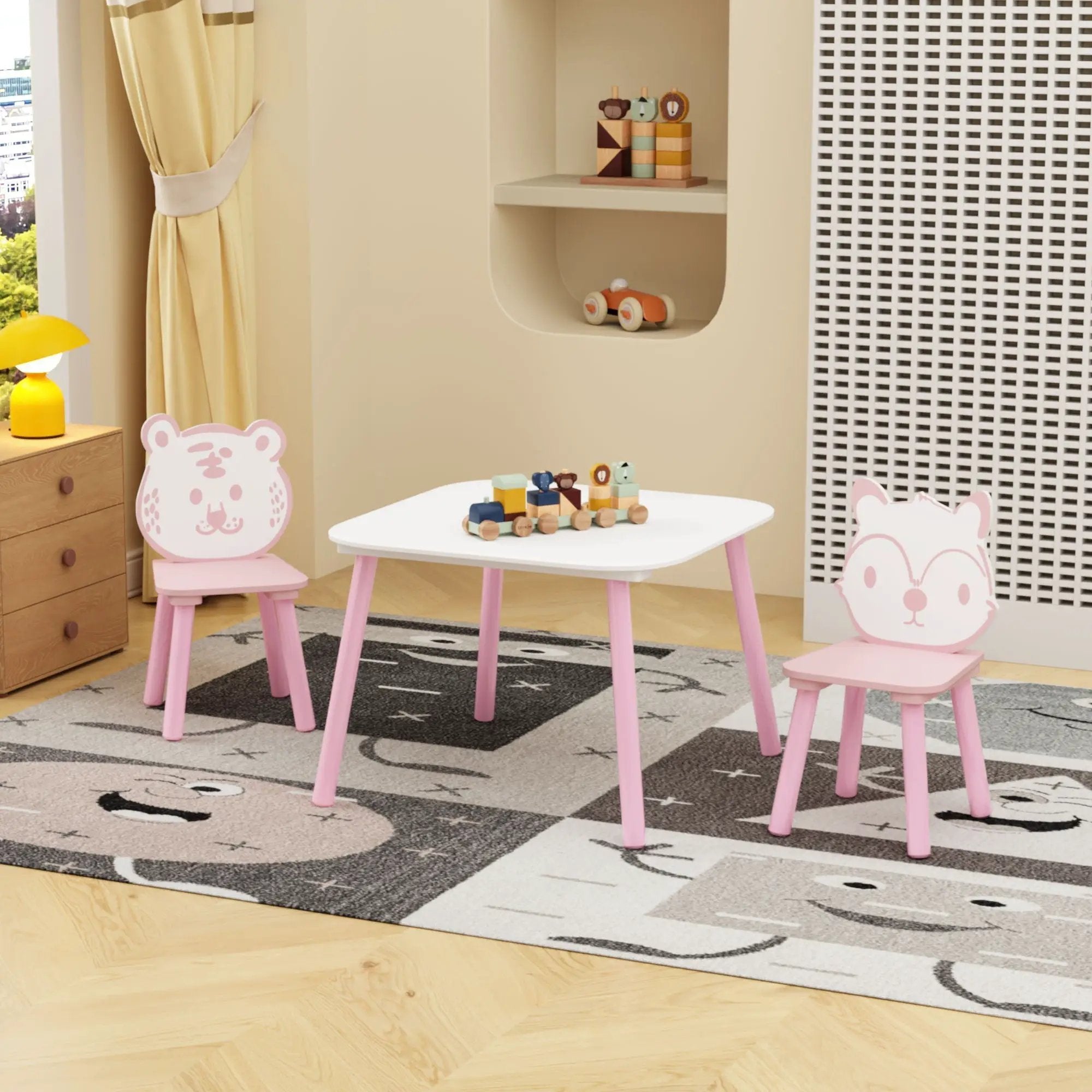 Table And Chair Set, 3 Piece Wooden Toddler Desk With Animal Backrest - Pink / White by HouseOfZazla