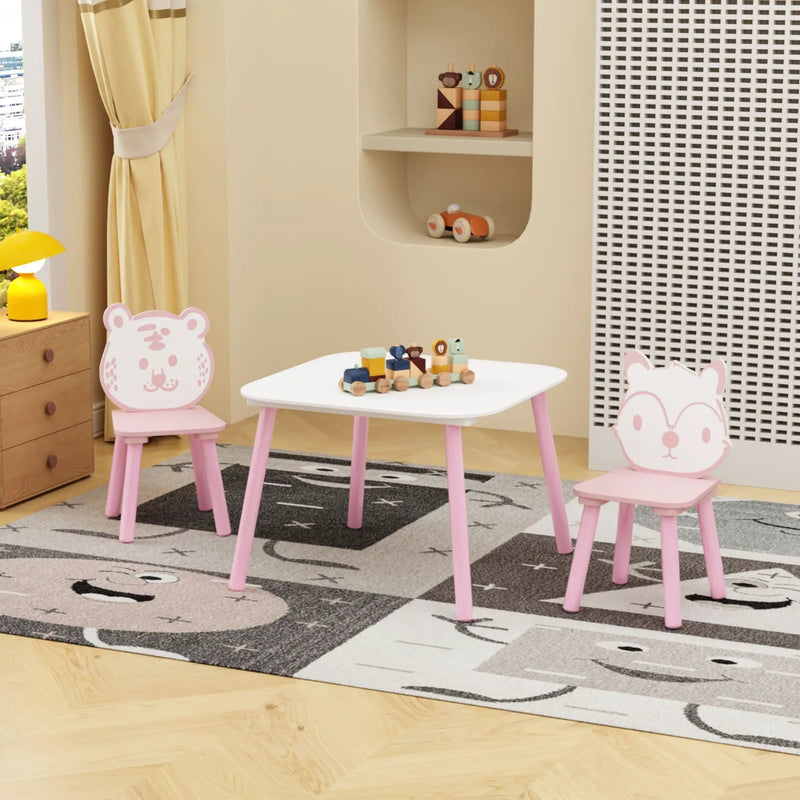Table And Chair Set, 3 Piece Wooden Toddler Desk With Animal Backrest - Pink / White by Unique Piece Furniture