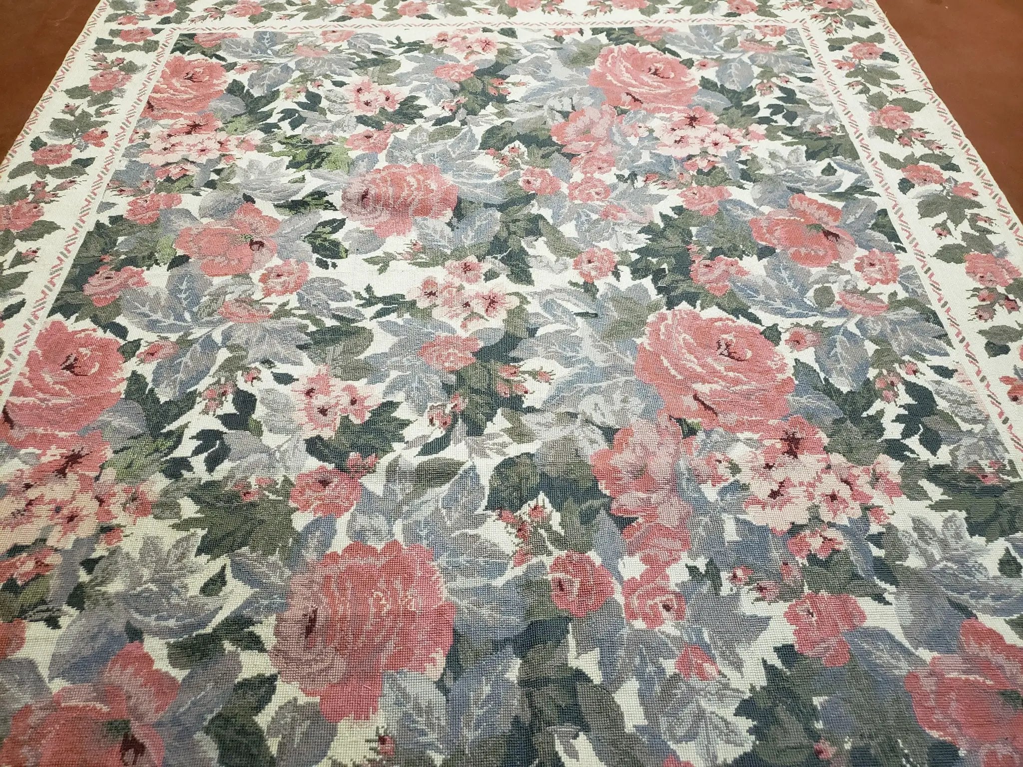 5x8 Needlepoint Rug 5' 4" x 8' 3" Wool Flat Weave Floral New Unused Carpet English Design Ivory Large Pink Flowers Green Leaves Hand-Knotted by Jewel Rugs