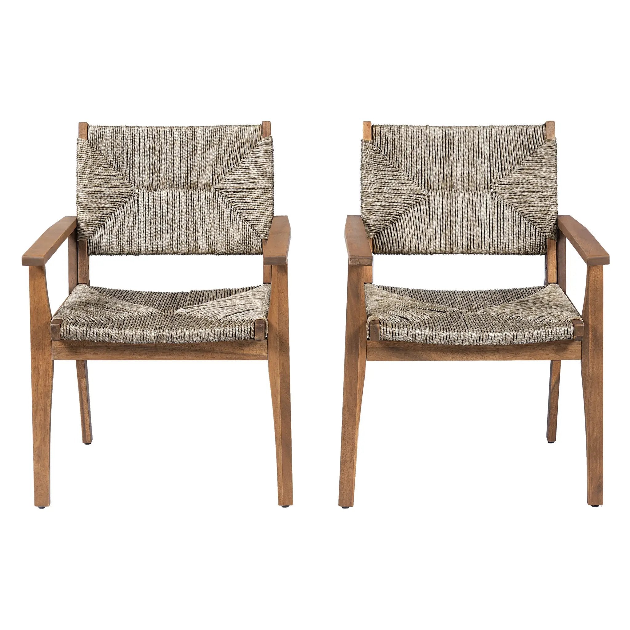 5-Piece Outdoor Dining Set: Brown Round Acacia Wood Table & 4 Brown Wicker Armchairs by HouseOfZazla