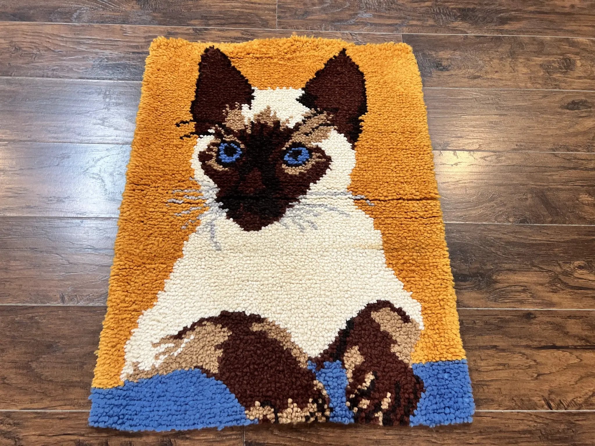 Small Shag Rug with Siamese Cat Pictorial, 2x3 ft Rug, Wool, Vintage, Danish Rya Shag Rug, Orange by Jewel Rugs