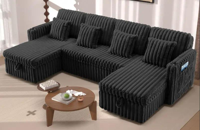 U Shaped Plush Corduroy Fluffy Sectional Sleeper Sofa by HouseOfZazla