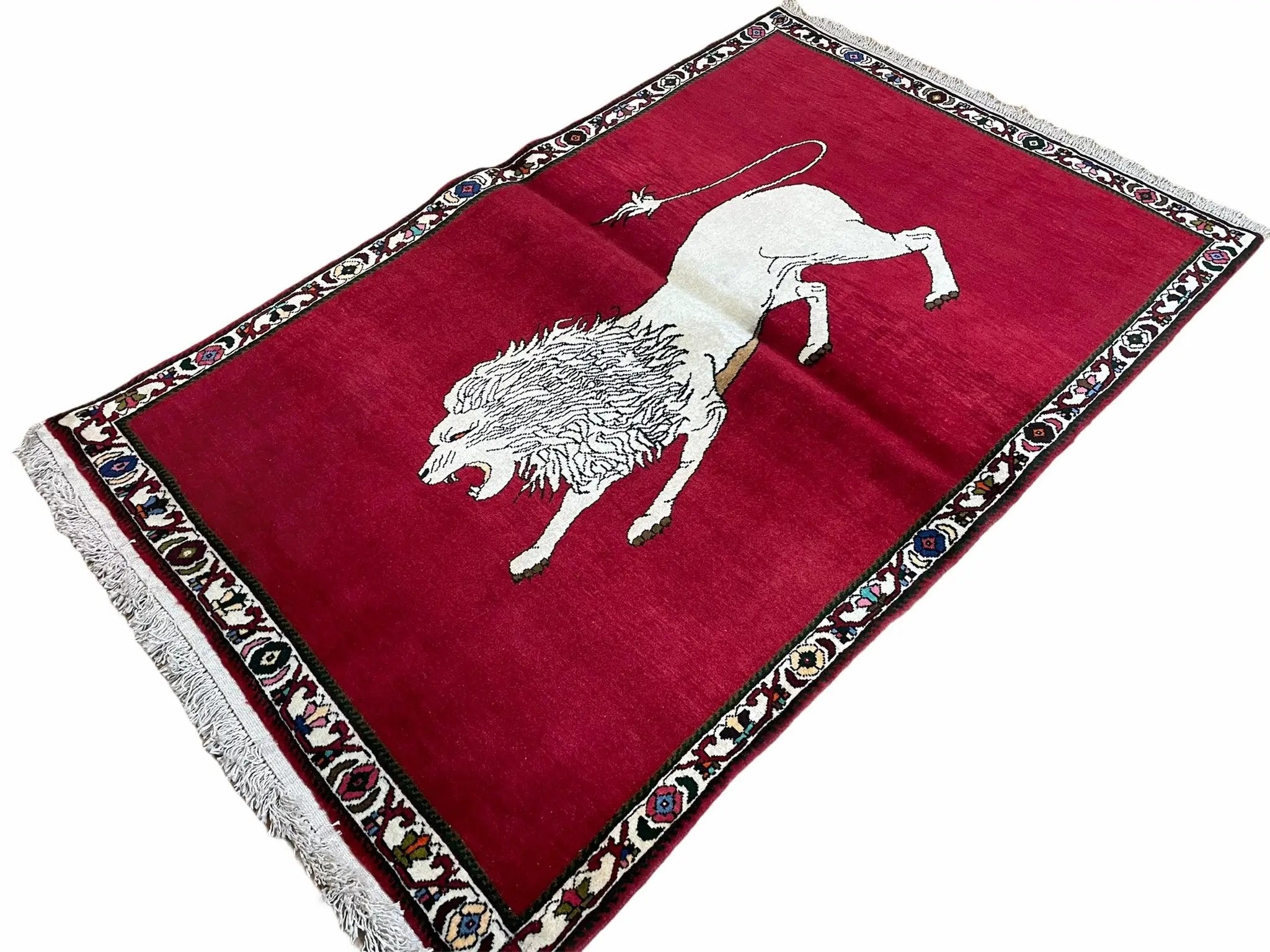 4 X 6 Handmade Hand-Knotted Quality Wool Rug Zagros Lion Red Ivory Tribal Rug by Jewel Rugs