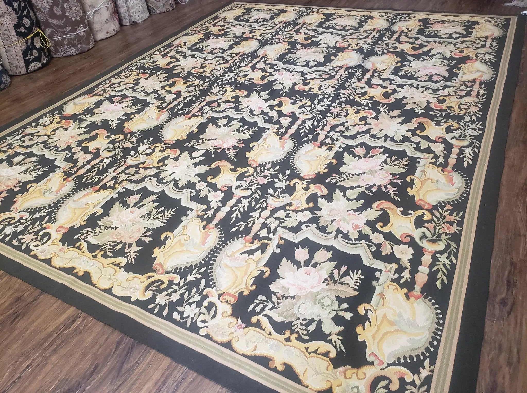 Vintage Black Aubusson Area Rug 8x10, Large Flowers Chinese Aubusson Carpet 7.9 x 10, Wool Hand-Knotted Floral Pattern Flat Weave Rug Nice by Jewel Rugs