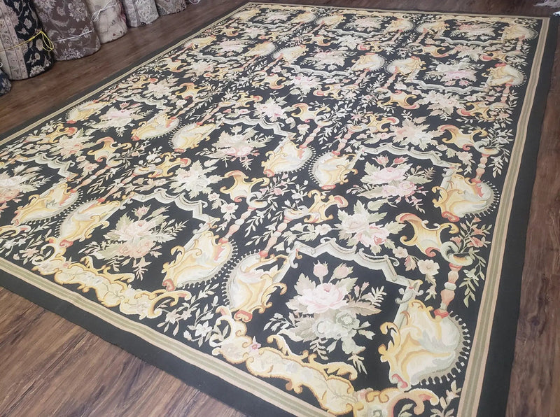 Vintage Black Aubusson Area Rug 8x10, Large Flowers Chinese Aubusson Carpet 7.9 x 10, Wool Hand-Knotted Floral Pattern Flat Weave Rug Nice by Jewel Rugs