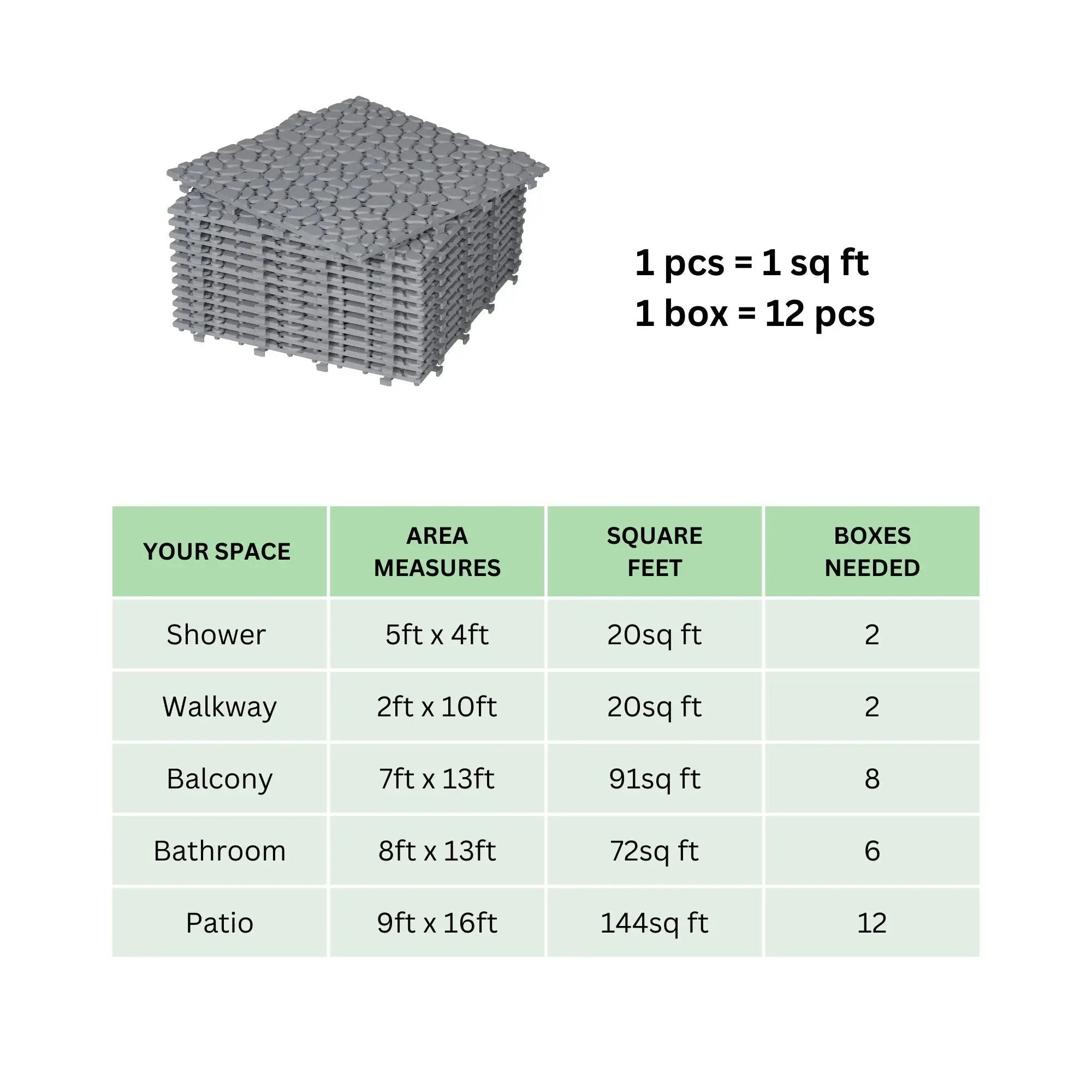 Interlocking Deck Tiles Plastic Waterproof Outdoor All Weather Anti-Slip Bathroom Shower Balcony Porch Strong Weight Capacity Upto 440 Lbs, Pebble Stone Pattern by HouseOfZazla