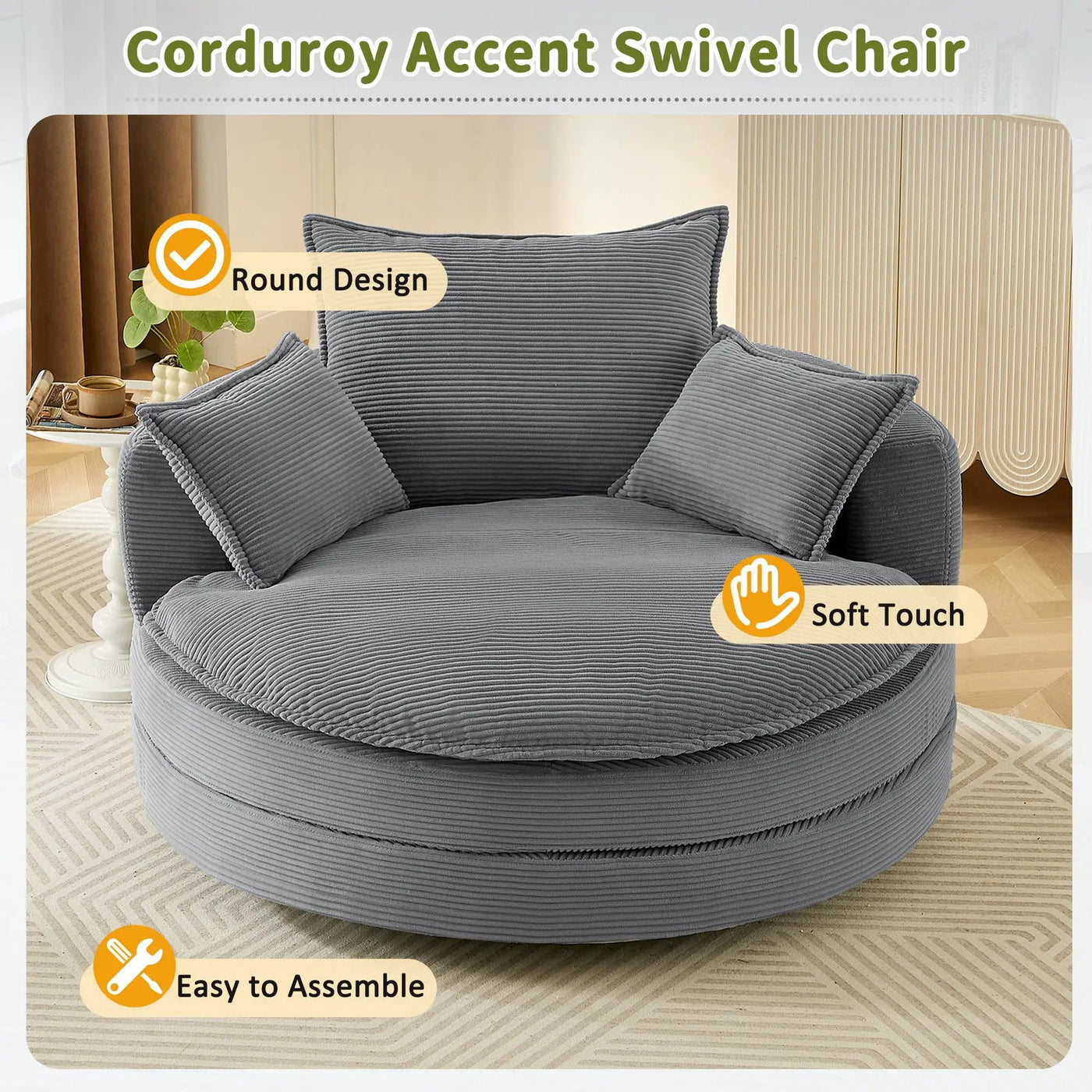 360° Swivel Accent Barrel Chair With Dual Layer Cushion And 3 Removable Pillows by Unique Piece Furniture