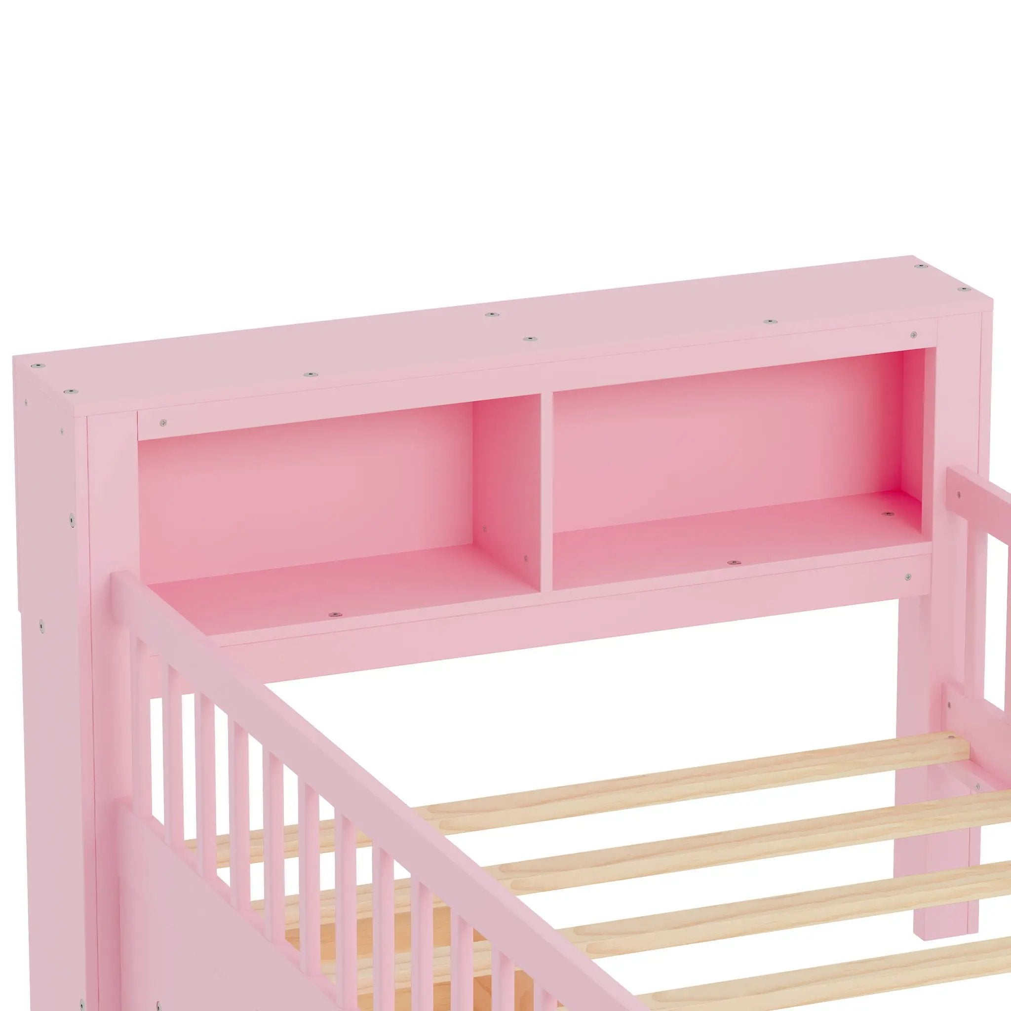 Bed With Headboard Storage Rack, 2 Under Bed Drawers, 3 Side Guardrails For Safety by HouseOfZazla