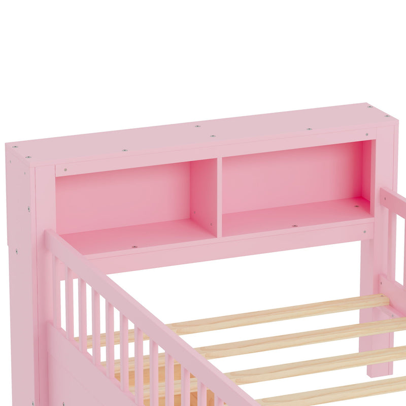 Bed With Headboard Storage Rack, 2 Under Bed Drawers, 3 Side Guardrails For Safety by HouseOfZazla