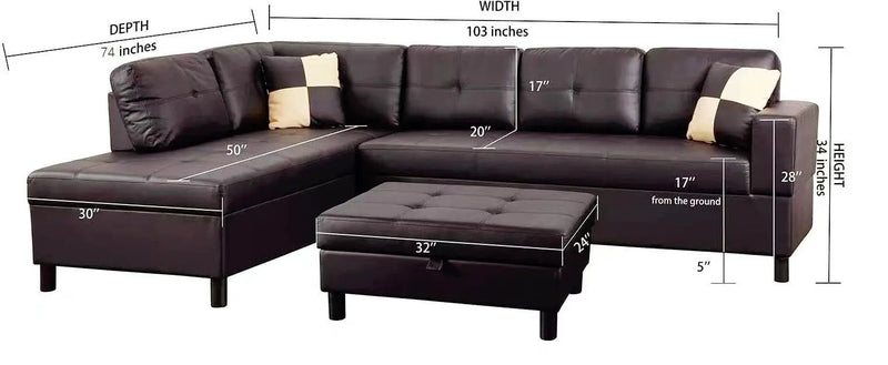 3 Pc Sectional Sofa Set Brown Faux Leather Left-Facing Chaise by HouseOfZazla