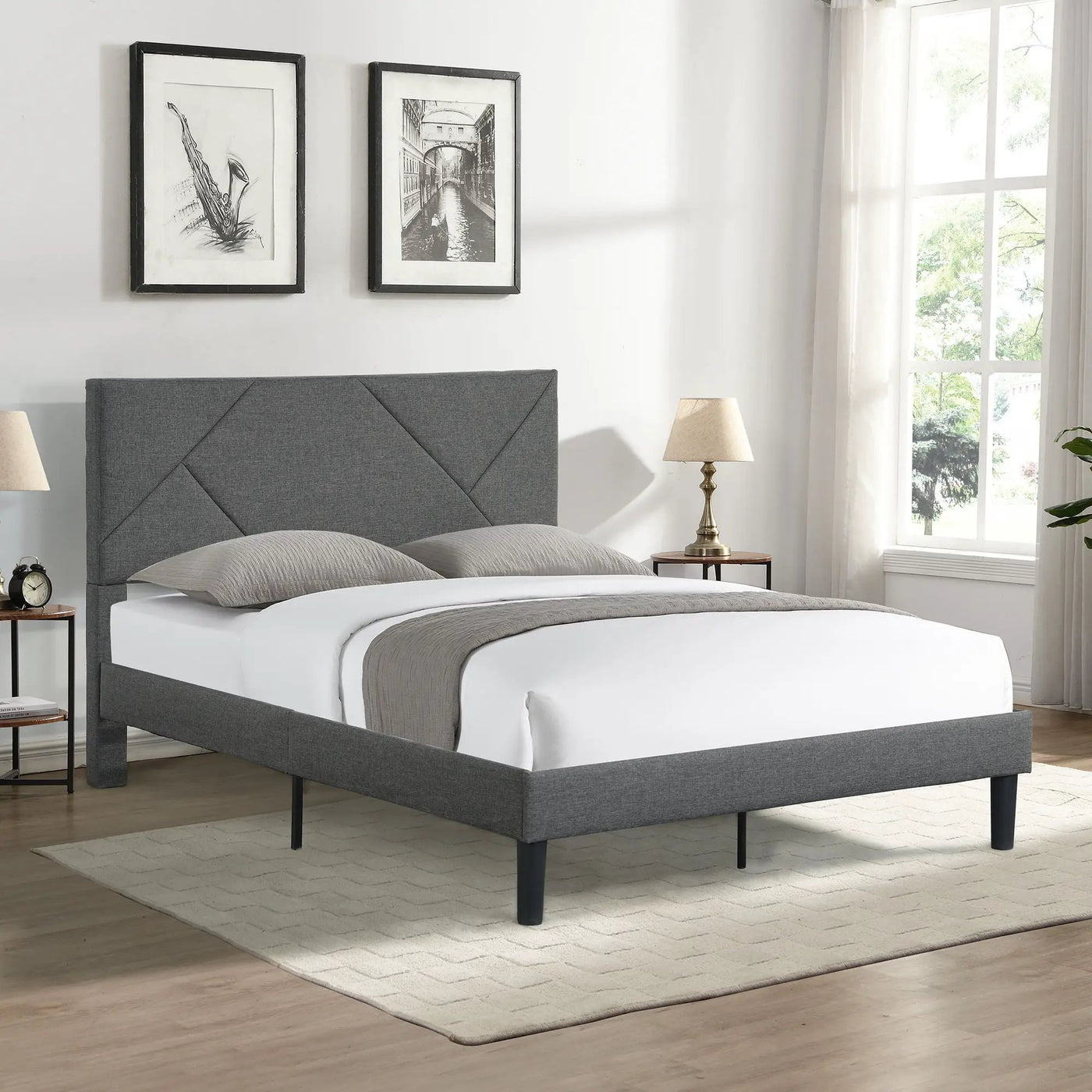 Upholstered Platform Bed Frame With Headboard, Wood Slat Support by HouseOfZazla